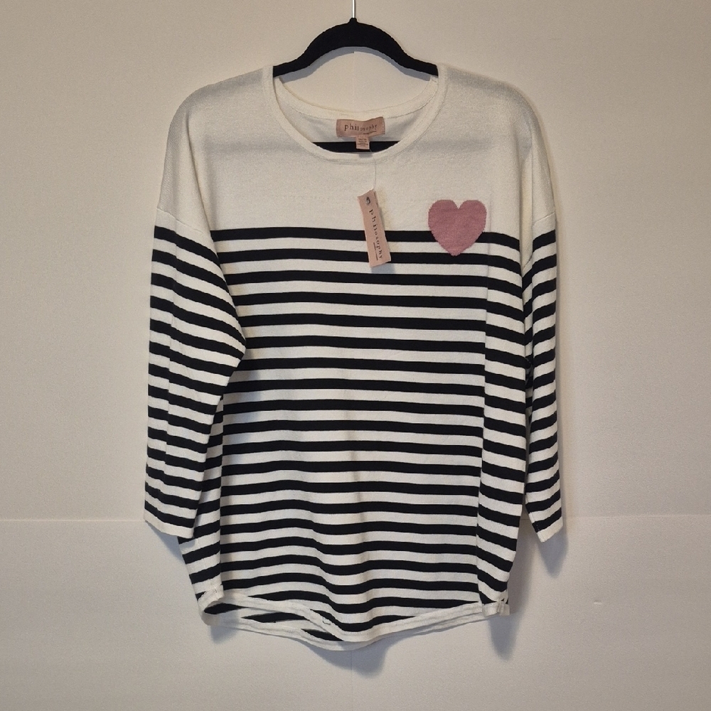 NWT PHILOSOPHY Crew Neck Striped Sweater w/Heart - XL - Picture 2 of 7